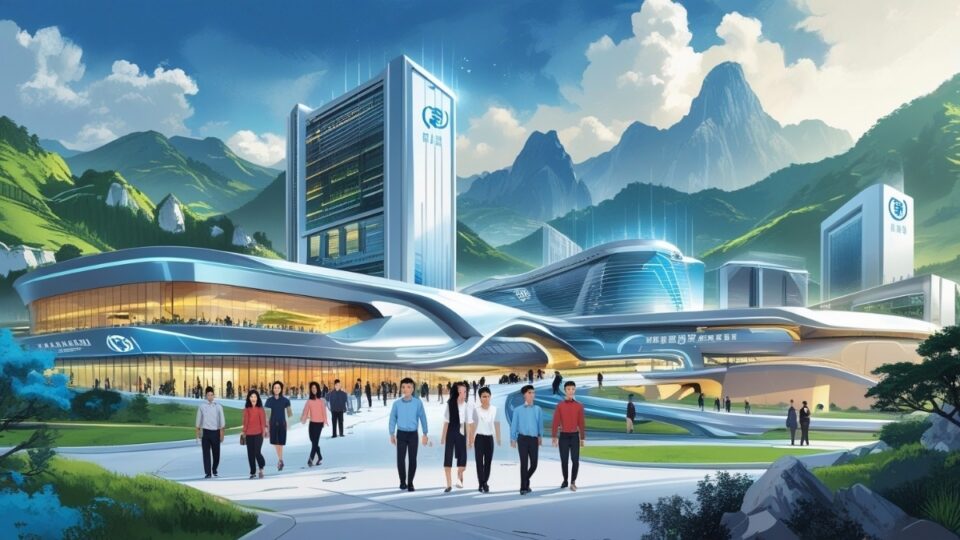 Futuristic Guizhou Meigan Technology headquarters blending innovation, eco-friendly design, and mountain landscape.