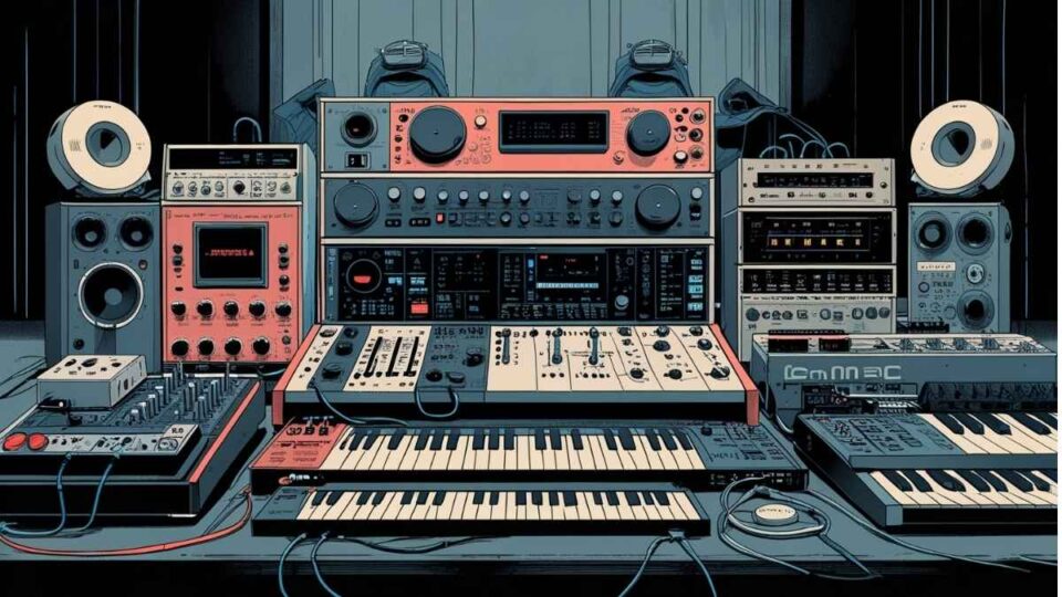 Music technology grosssound studio setup with synths, mixers, and monitors