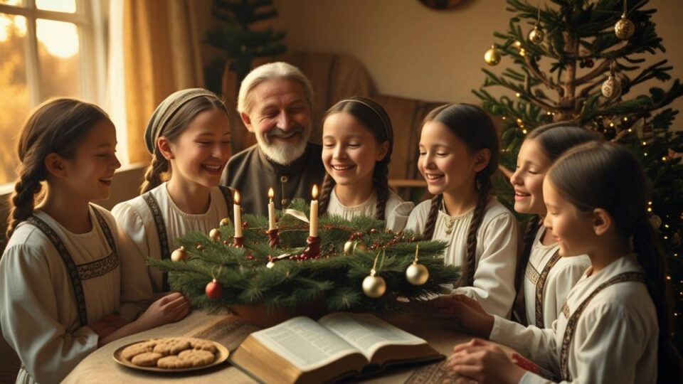 Mennonite family celebrating Christmas with hymns, prayer, and simple traditions around faith and community.