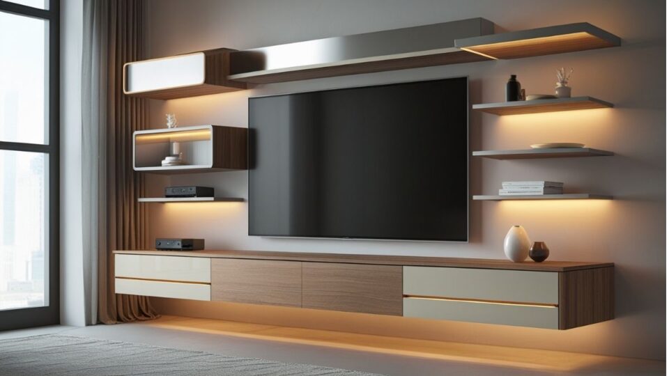 Everley Floating Entertainment Center with modern space-saving wall design for TVs up to 42 inches.