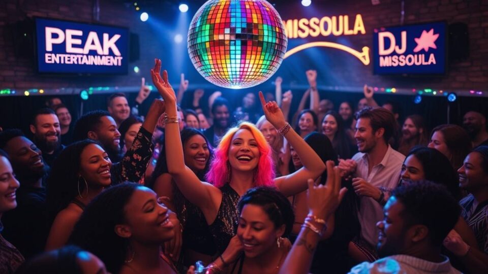 Crowd dancing under disco lights with Peak Entertainment DJ Missoula