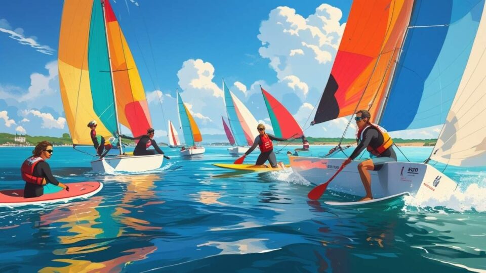 Sailboats and paddleboarders racing on blue waters, showcasing water sports lifestyle TheChannelRace adventure