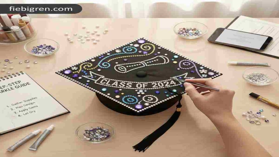 How to bedazzle graduation cap: easily with glue, gems, and glitter stones.